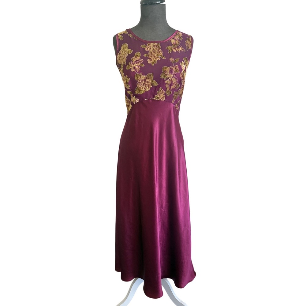 Private Luxuries Vintage Plum Satin Burnout Velvet Floral Slip Dress V‎ backLrge